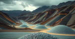 A desolate gold mine site with rocky terrain, muted earth tones highlighting tension in the environment.