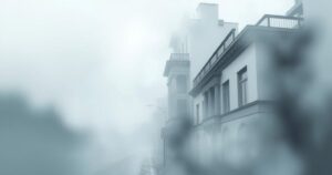Fog-covered streets in Buenos Aires with muted colors, depicting a tranquil atmosphere amidst thick mist.