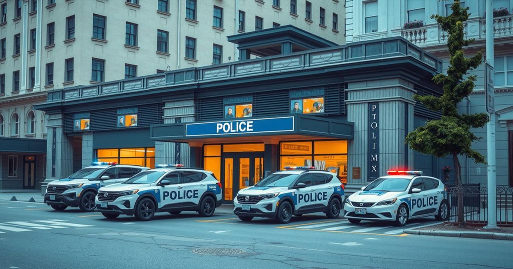 A police station in Monrovia with law enforcement vehicles parked outside, capturing action in a vibrant urban setting.