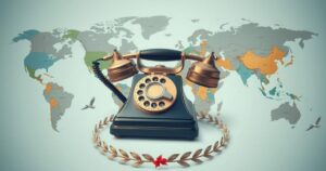 Dialogue between world leaders represented by a phone with global maps and diplomacy symbols in a neutral color scheme.