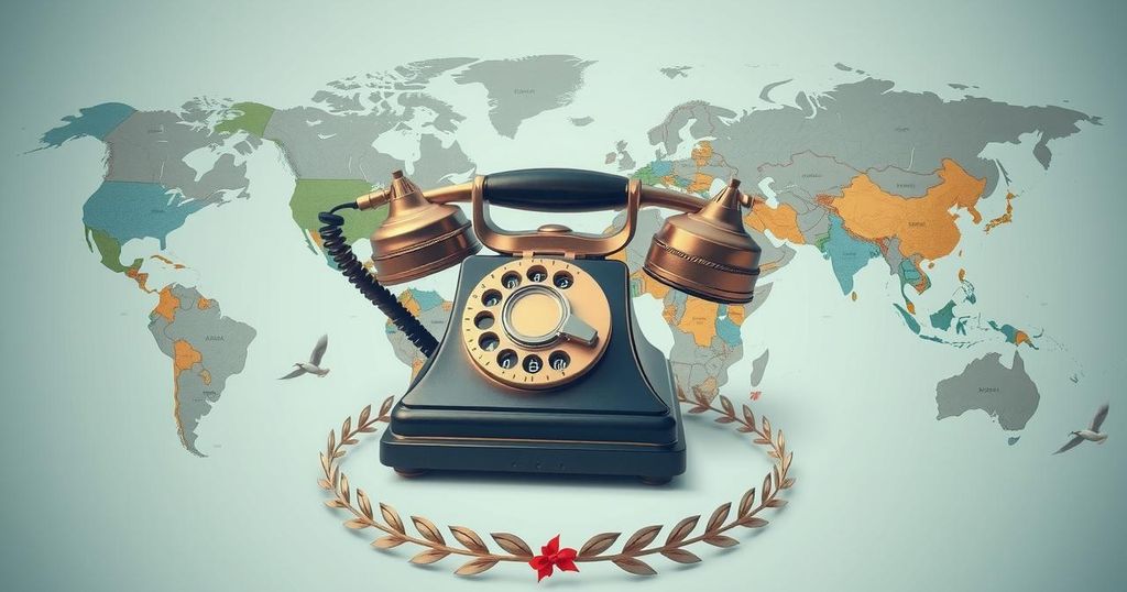Dialogue between world leaders represented by a phone with global maps and diplomacy symbols in a neutral color scheme.