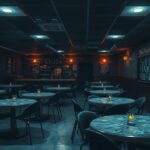 A bar scene showing empty chairs and tables, with a dimly lit atmosphere, representing a crime scene in South Africa.