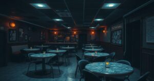A bar scene showing empty chairs and tables, with a dimly lit atmosphere, representing a crime scene in South Africa.