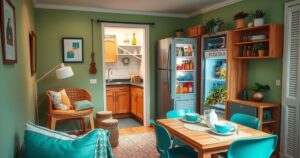 A cozy Russian apartment featuring modern decor, Chinese appliances, and locally-sourced food items.