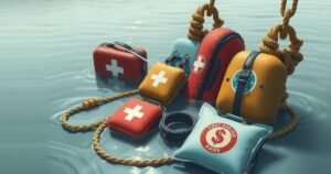 Mexican volunteers helping during floods with rescue tools, calm colors, depicting humanitarian aid concept.