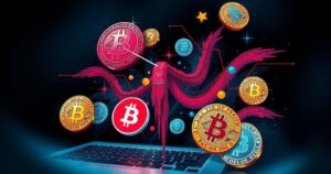A graphic illustrating internet fraud with digital currency symbols and abstract Nigerian elements, in dark tones with highlights.