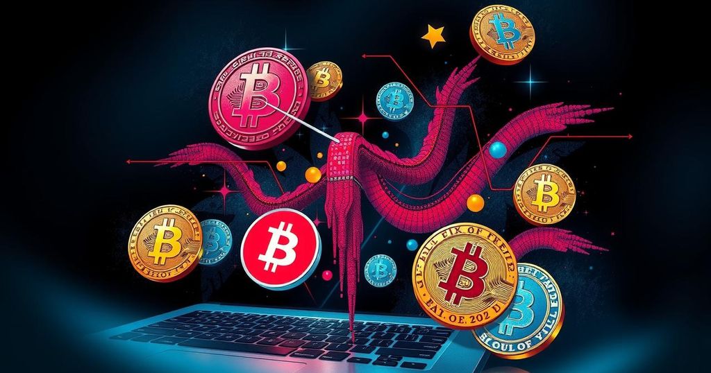 A graphic illustrating internet fraud with digital currency symbols and abstract Nigerian elements, in dark tones with highlights.