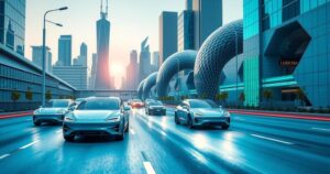 Modern electric vehicles in a futuristic cityscape symbolizing China's automotive innovation and global market impact.