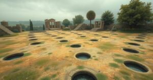 A serene landscape of a historical site with scattered holes, symbolizing treasure hunting in a war-torn region.