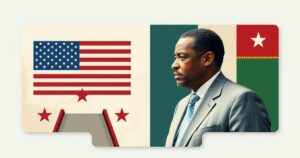 Neutral colored modern collage depicting interaction between leaders with abstract representations of U.S. and Liberia.